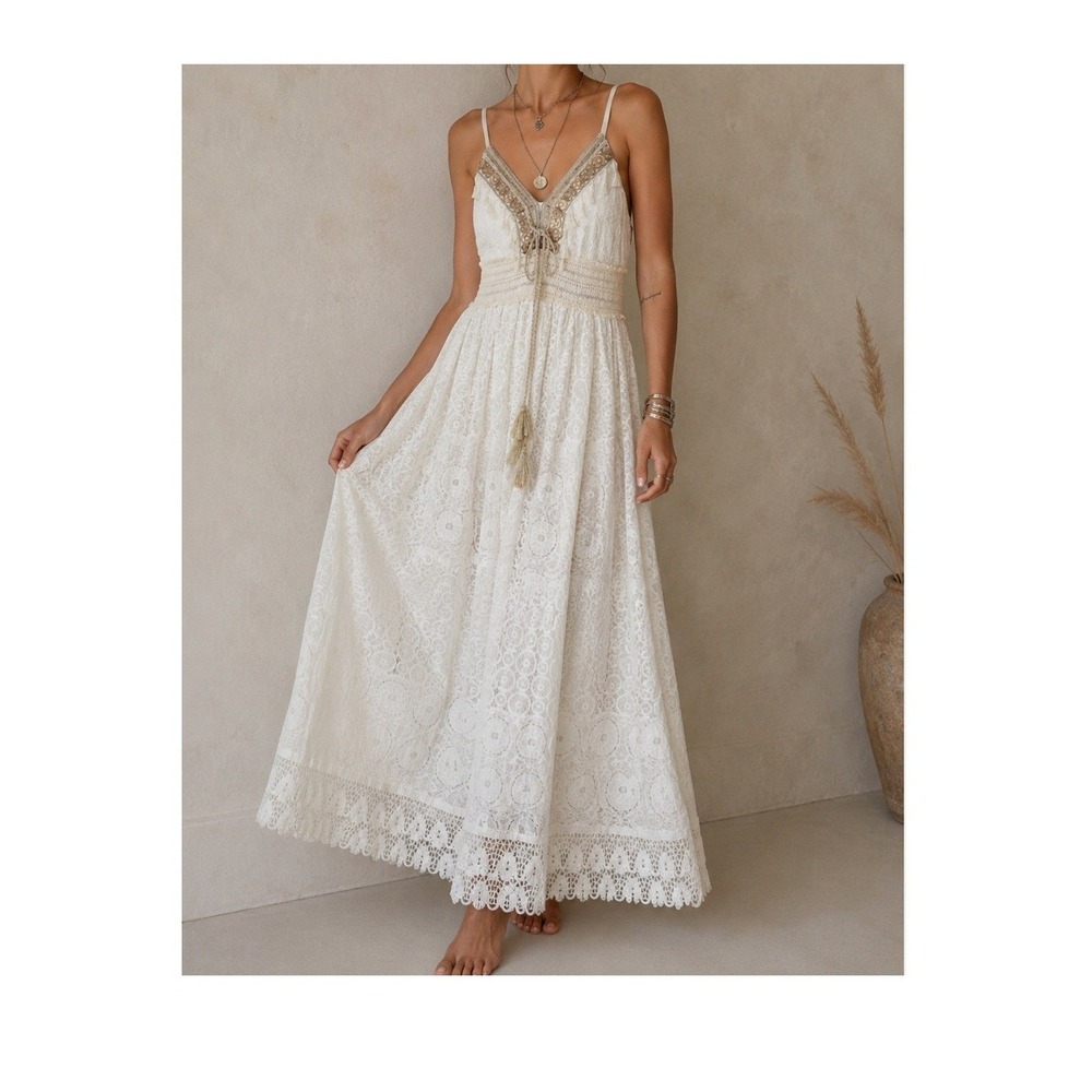 Bohemian Ivory Lace Maxi Dress Crochet Tassel Sequin Beach Wedding Festival S/M